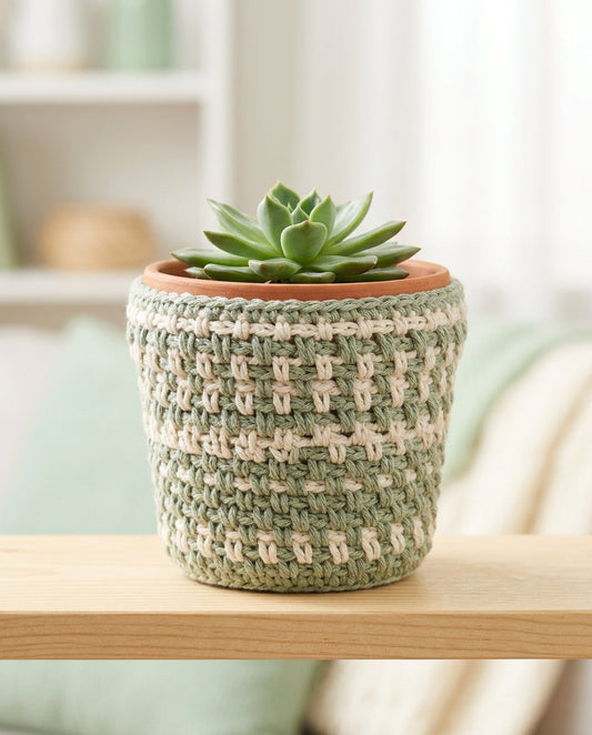 Moss stitch crochet plant pot cover in sage and cream with woven texture