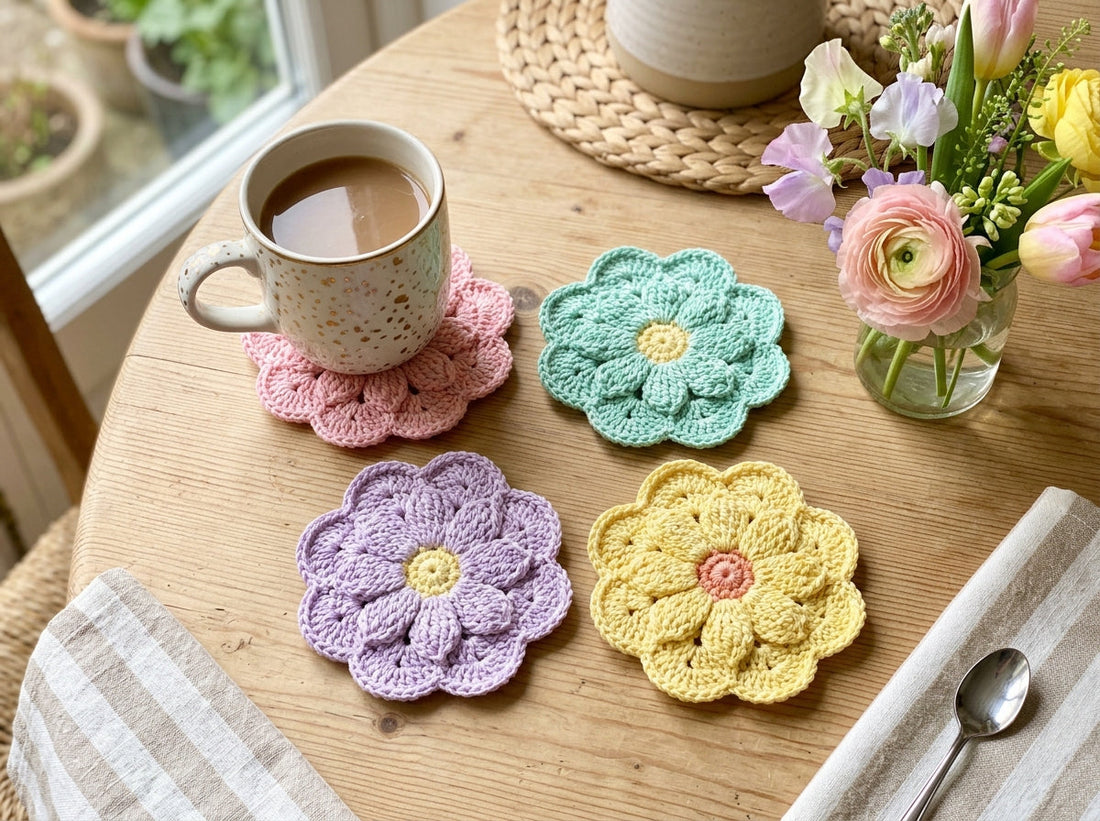 Pastel Spring Crochet Flower Coaster Set Pattern