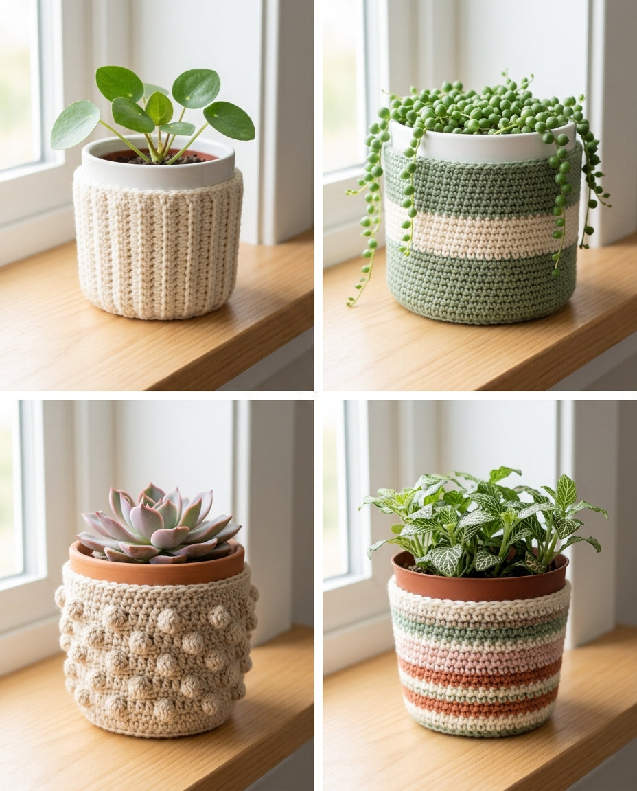 Seven beginner-friendly crochet plant pot covers styled together in bright natural light