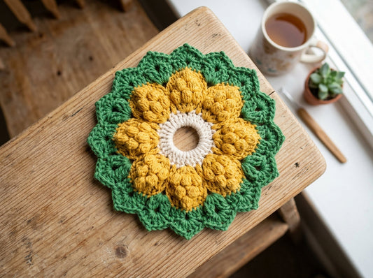 Popcorn Stitch Floral Crochet Coaster Pattern