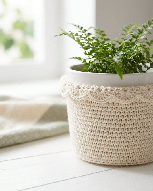 Cream crochet plant pot cover with a clear scalloped top edge