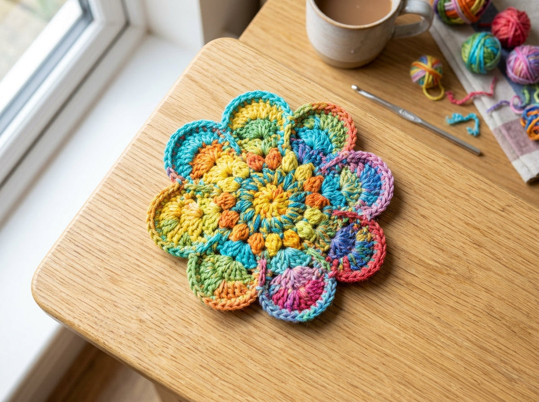 Scrap Yarn Bright Crochet Flower Coaster Pattern