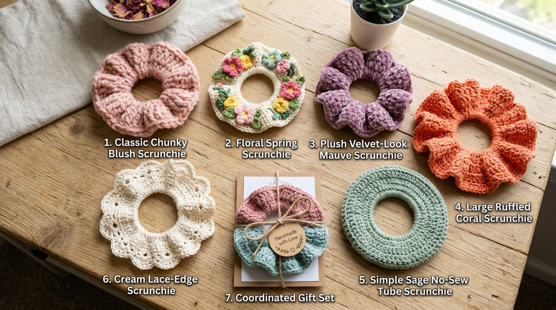 All seven crochet scrunchie pattern styles shown together