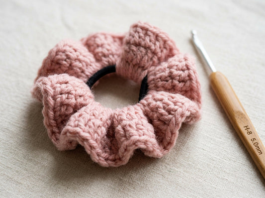 Classic chunky everyday crochet scrunchie in blush yarn