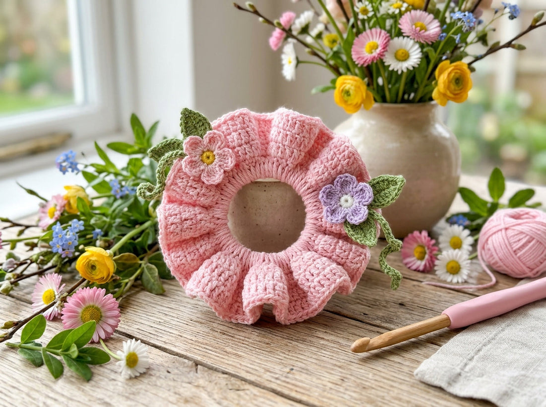 Floral spring crochet scrunchie with small flower accents