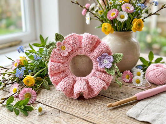 Floral spring crochet scrunchie with small flower accents