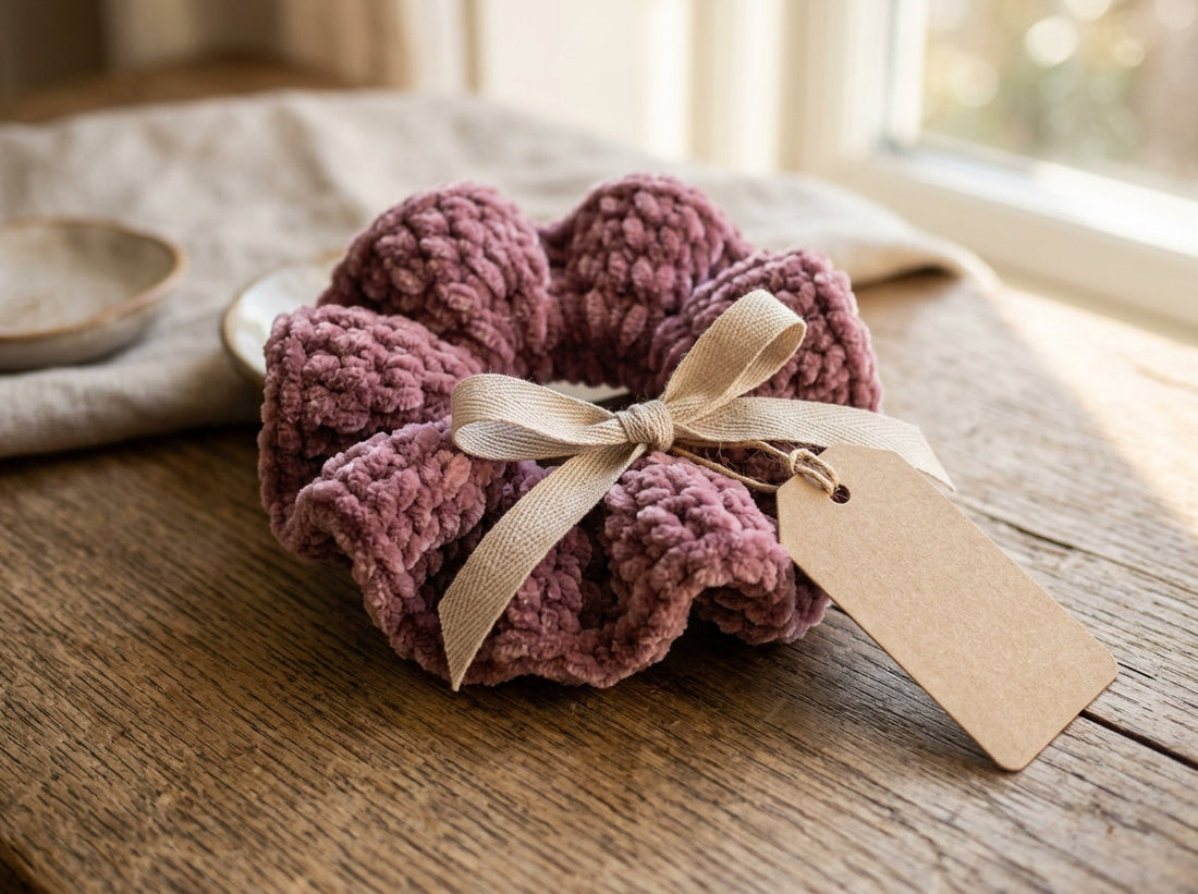 Velvet-look crochet scrunchie styled as a handmade gift