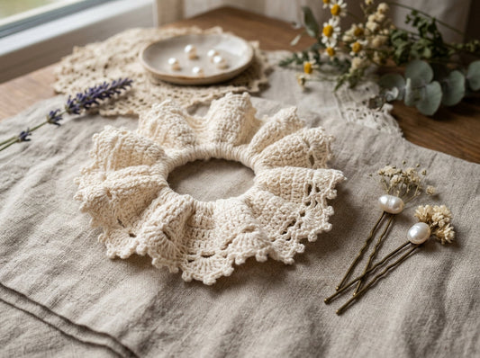 Lace-edge feminine crochet scrunchie in cream yarn