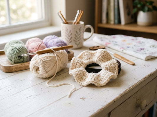 Classic beginner crochet scrunchie on a bright craft table