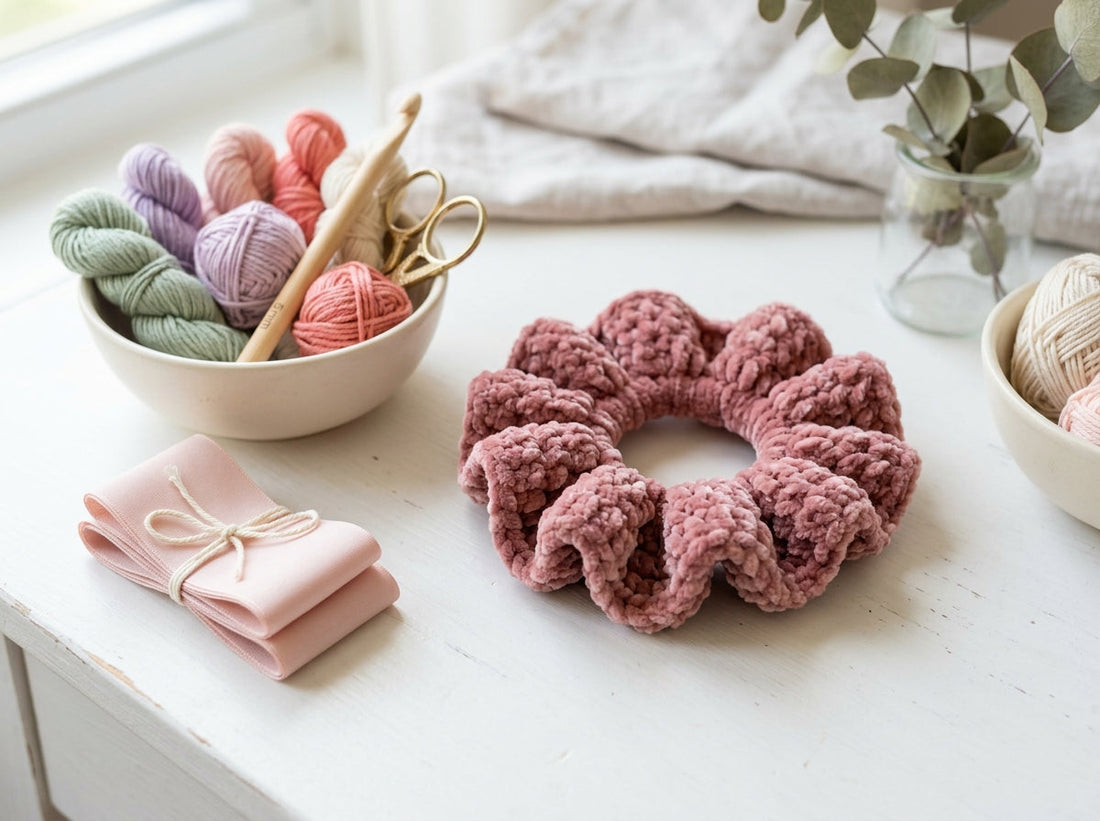 Velvet-look crochet scrunchie in dusty rose yarn