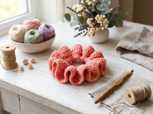 Ruffled crochet scrunchie in coral cotton