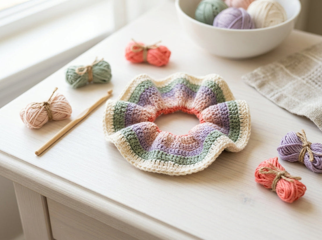 Striped scrap-yarn crochet scrunchie