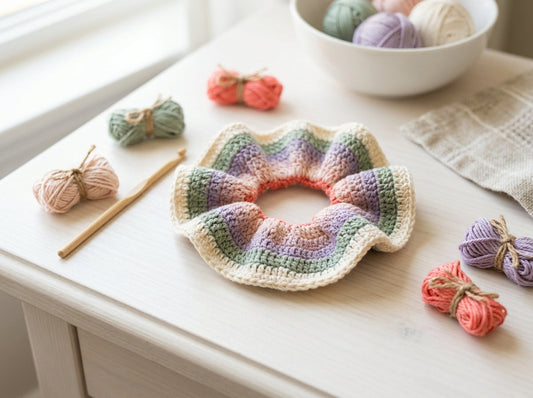 Striped scrap-yarn crochet scrunchie