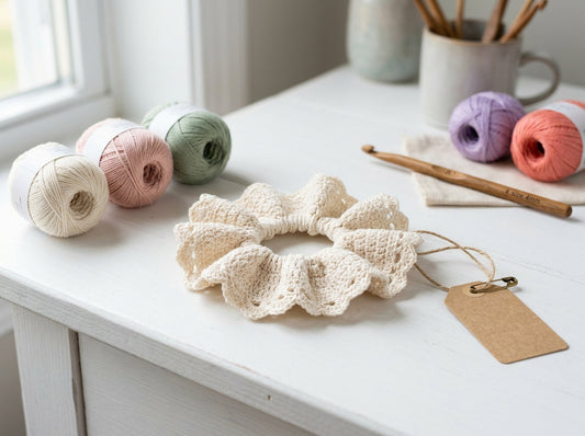 Lace-edge crochet scrunchie in soft cream cotton