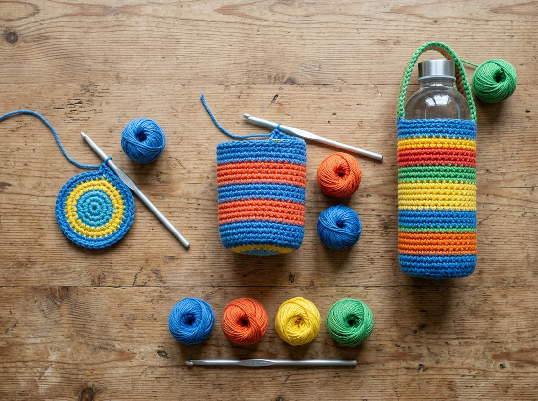 Striped Scrap-Yarn Crochet Water Bottle Holder