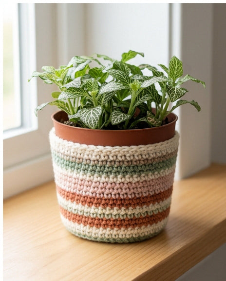 Striped scrap yarn crochet pot cover in cream sage blush and terracotta