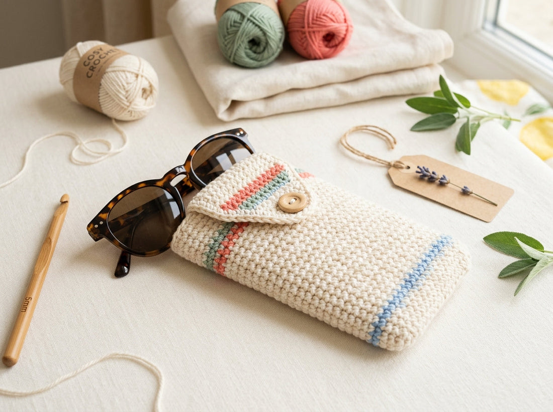Crochet sunglasses sleeve with secure button flap closure