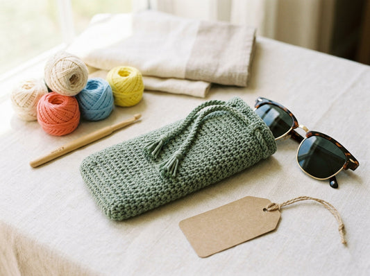 Crochet sunglasses drawstring case in soft cotton