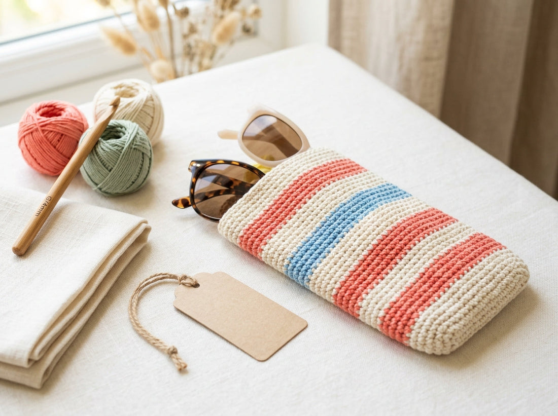 Striped summer crochet sunglasses case in coral and blue