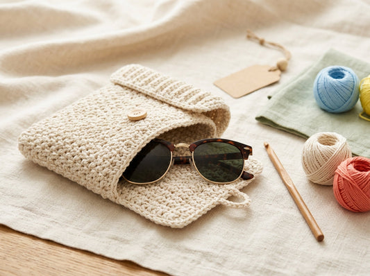 Textured crochet sunglasses pouch in neutral cotton