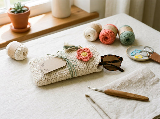 Gift-ready crochet sunglasses case with small flower detail