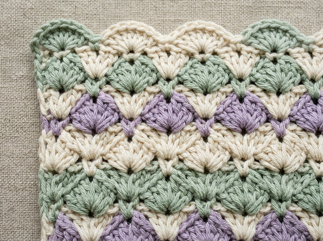 Harlequin stitch crochet swatch with raised sage, ivory, and lavender shell-cluster diamonds