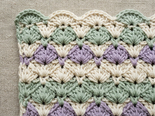 Harlequin stitch crochet swatch with raised sage, ivory, and lavender shell-cluster diamonds