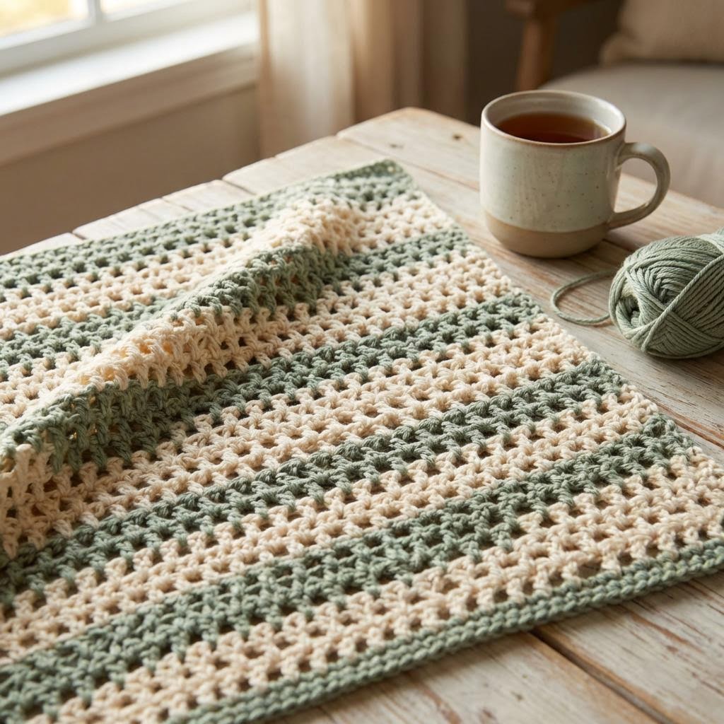 Close view of striped half double crochet mesh stitch fabric showing open mesh structure and stripe definition