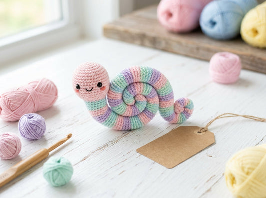 Classic pastel crochet worry worm on a craft table