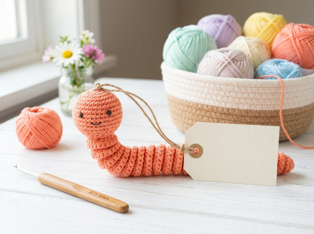Crochet worry worm attached to a blank gift tag